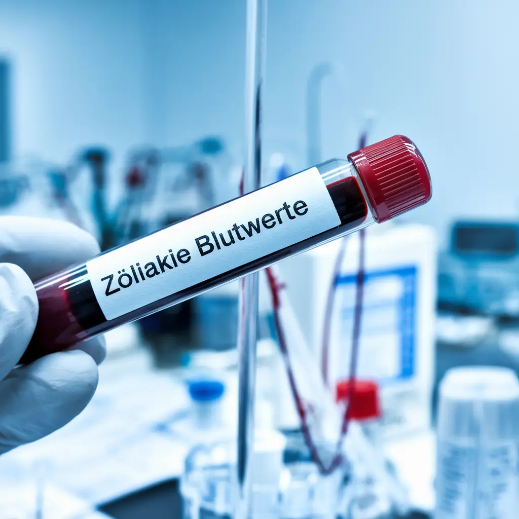 Ampulle mit Blut mit der Aufschrift "Zöliakie Blutwerte"